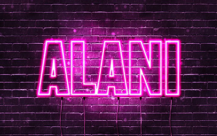 Utrymme, 4k, tapeter med namn, kvinnliga namn, Alani namn, lila neon lights, &#246;vergripande text, bild med Alani namn