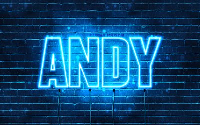 Andy, 4k, pap&#233;is de parede com os nomes de, texto horizontal, Andy nome, luzes de neon azuis, imagem com Andy nome