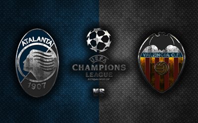 Atalanta vs Valencia, UEFA Şampiyonlar Ligi, 2020, metal logoları, promosyon malzemeleri, mavi beyaz metal arka plan, Şampiyonlar Ligi, futbol ma&#231;ı, Valencia CF, Atalanta