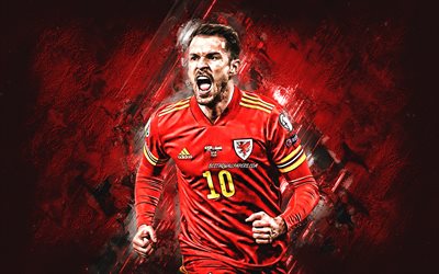 Aaron Ramsey, Wales national football team, portrait, welsh football player, midfielder, red stone background, football
