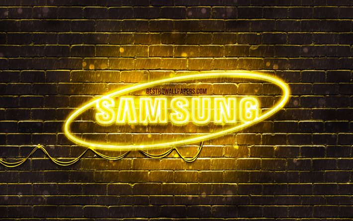Samsung sarı logo, 4k, sarı brickwall, Samsung logo, marka, Samsung, neon logo