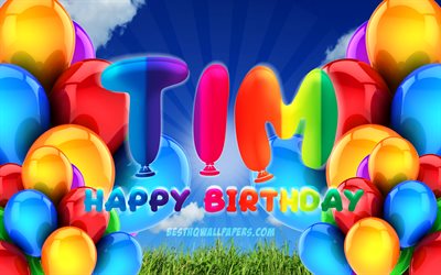 ティム-お誕生日おめで, 4k, 曇天の背景, ドイツの人気男性の名前, 誕生パーティー, カラフルなballons, ティム名, お誕生日おめティム, 誕生日プ, ティム誕生日, Tim