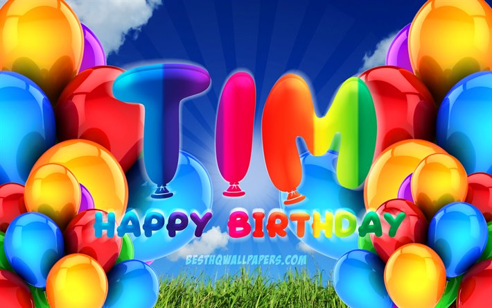 Tim Happy Birthday, 4k, cloudy sky background, popular german male names, Birthday Party, colorful ballons, Tim name, Happy Birthday Tim, Birthday concept, Tim Birthday, Tim