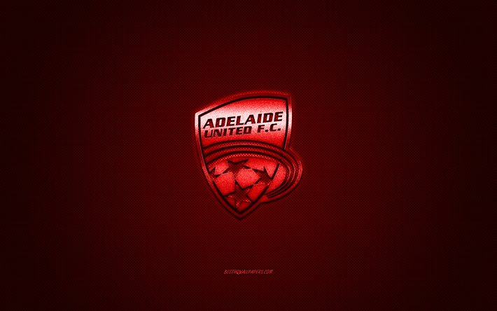 Adelaide United FC, Australia club de f&#250;tbol de la a-League, logotipo rojo, rojo de fibra de carbono de fondo, de f&#250;tbol, de Adelaida, Australia, Adelaide United logotipo
