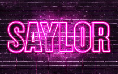 Saylor, 4k, taustakuvia nimet, naisten nimi&#228;, Saylor nimi, violetti neon valot, vaakasuuntainen teksti, kuva Saylor nimi