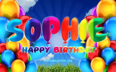 Sophie Happy Birthday, 4k, cloudy sky background, popular german female names, Birthday Party, colorful ballons, Sophie name, Happy Birthday Sophie, Birthday concept, Sophie Birthday, Sophie
