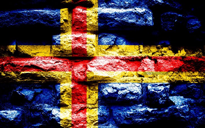 Aland Islands flag, grunge brick texture, Flag of Aland Islands, flag on brick wall, Aland Islands, Europe, flags of european countries