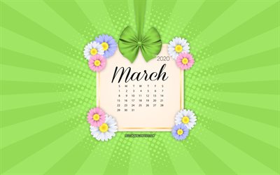 2020 March Calendar, green background, spring 2020 calendars, March, 2020 calendars, retro style, March 2020 Calendar