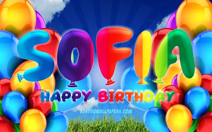 Sofia Happy Birthday, 4k, cloudy sky background, popular german female names, Birthday Party, colorful ballons, Sofia name, Happy Birthday Sofia, Birthday concept, Sofia Birthday, Sofia
