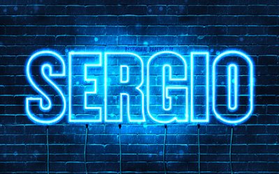 Sergio, 4k, les papiers peints avec les noms, le texte horizontal, Sergio nom, bleu n&#233;on, une photo avec le nom Sergio