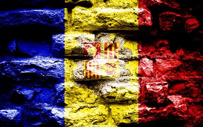 Andorra flag, grunge brick texture, Flag of Andorra, flag on brick wall, Andorra, Europe, flags of european countries