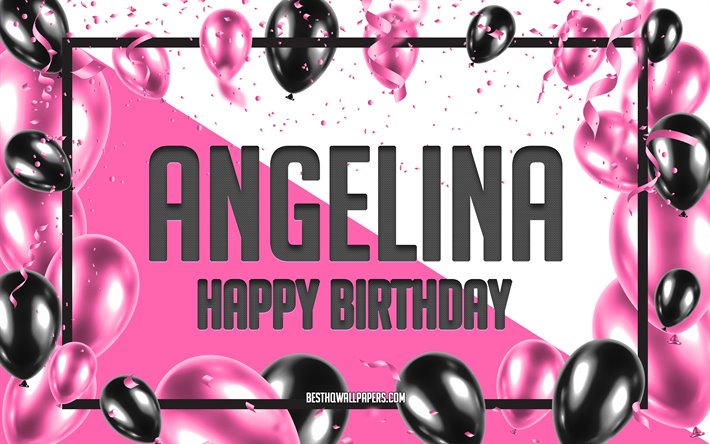 お誕生日おめ-アンジェリーナ, お誕生日の風船の背景, -アンジェリーナ, 壁紙名, -アンジェリーナお誕生日おめで, ピンク色の風船をお誕生の背景, ご挨拶カード, お誕生日-アンジェリーナ