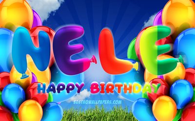 Neleお誕生日おめで, 4k, 曇天の背景, ドイツの人気女性の名前, 誕生パーティー, カラフルなballons, Nele名, お誕生日おめでNele, 誕生日プ, Nele誕生日, で