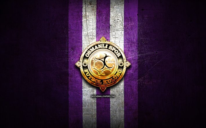 Osmanlispor FC, kultainen logo, League 1, violetti metalli tausta, jalkapallo, Osmanlispor FK, turkkilainen jalkapalloseura, Osmanlispor logo, Turkki