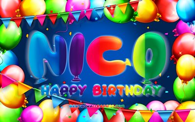 happy birthday nico, 4k, bunte ballon-frame, nico name, blauer hintergrund, nico happy birthday, nico geburtstag, beliebte deutsche m&#228;nnliche namen, geburtstag-konzept, nico