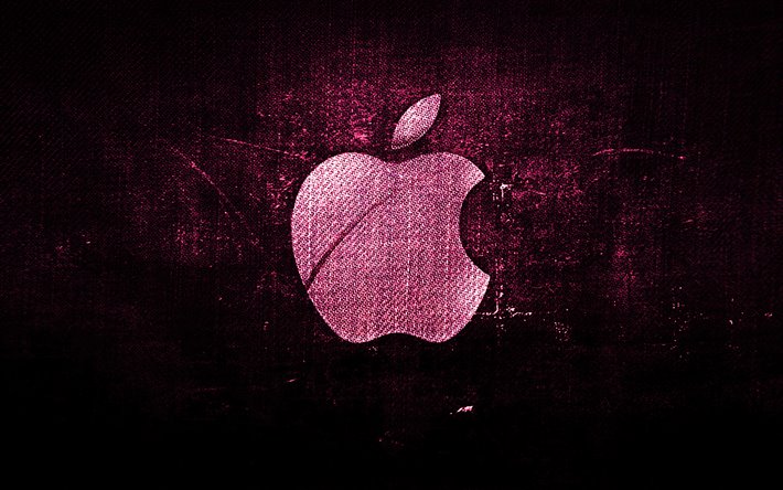 Apple-logo, vaaleanpunainen kangas tausta, Apple, luova, Apple denim logo, grunge art