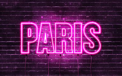 Paris, 4k, wallpapers with names, female names, Paris name, purple neon lights, horizontal text, picture with Paris name