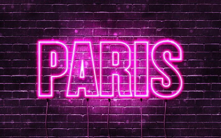 Paris, 4k, wallpapers with names, female names, Paris name, purple neon lights, horizontal text, picture with Paris name