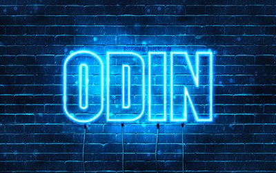 Odin, 4k, fondos de pantalla con los nombres, el texto horizontal, Odin nombre, luces azules de ne&#243;n, imagen con Odin nombre