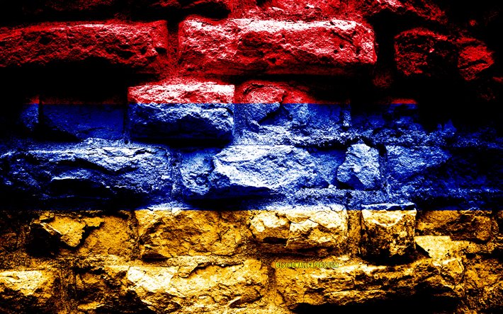 أرمينيا العلم, الجرونج الطوب الملمس, علم أرمينيا, علم على جدار من الطوب, أرمينيا, أوروبا, أعلام الدول الأوروبية