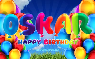 Oskarお誕生日おめで, 4k, 曇天の背景, ドイツの人気男性の名前, 誕生パーティー, カラフルなballons, Oskar名, お誕生日おめでOskar, 誕生日プ, Oskar誕生日, Oskar