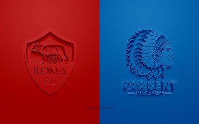As Roma vs Gent, de la UEFA Europa League, logos en 3D, materiales promocionales, rojo-azul de fondo, Europa League, partido de f&#250;tbol, Gent, COMO Roma