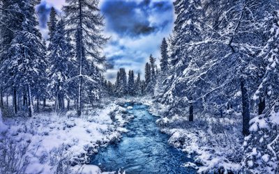 winter, 4k, blue river, HDR, beautiful nature, forest, snowdrifts, winter landscapes