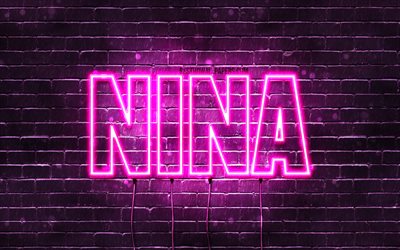 Nina, 4k, des fonds d&#39;&#233;cran avec des noms, des noms de femmes, Nina nom, de violet, de n&#233;ons, le texte horizontal, image avec le nom de Nina