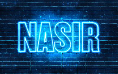 Nasir, 4k, pap&#233;is de parede com os nomes de, texto horizontal, Nasir nome, luzes de neon azuis, imagem com Nasir nome