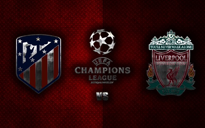 Atletico Madrid vs Liverpool FC, UEFA Champions League, 2020, metal logos, promotional materials, red metal background, Champions League, football match, Atletico Madrid, Liverpool FC