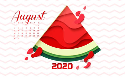 Agosto 2020 Calendario, 2020 calendario dell&#39;estate, l&#39;anguria, arte creativa, 2020 concetti, agosto, estate, arte, 2020 agosto Calendario