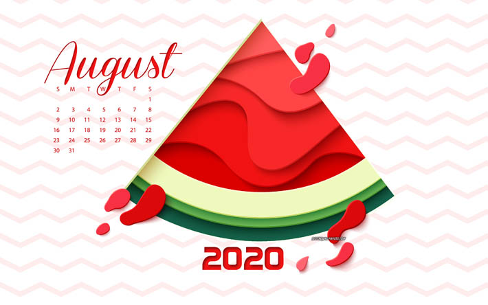 Augusti 2020 Kalender, 2020 sommaren kalender, vattenmelon, kreativ konst, 2020 begrepp, Augusti, sommaren konst, 2020 Augusti Kalender