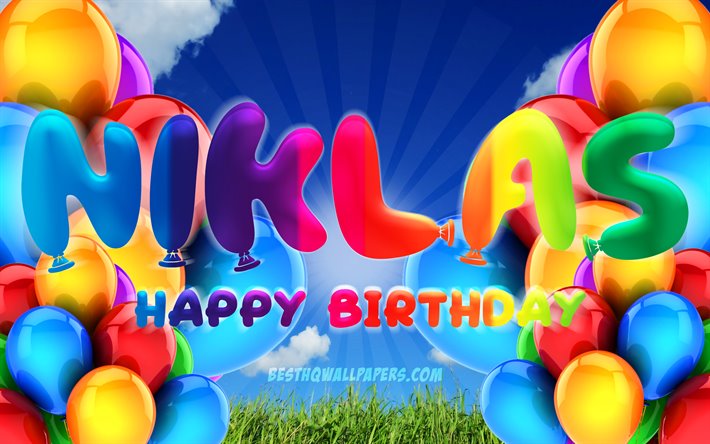 Niklas Happy Birthday, 4k, cloudy sky background, popular german male names, Birthday Party, colorful ballons, Niklas name, Happy Birthday Niklas, Birthday concept, Niklas Birthday, Niklas
