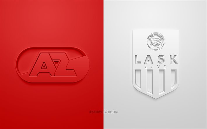 AZ الكمار vs LASK, UEFA Europa League, 3D الشعارات, المواد الترويجية, الأحمر-خلفية بيضاء, الدوري الأوروبي, مباراة لكرة القدم, والكمار, LASK
