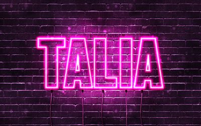 Talia, 4k, wallpapers with names, female names, Talia name, purple neon lights, horizontal text, picture with Talia name