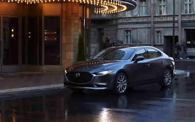Mazda 3, 2020, exterior, vista frontal, limousine cinzento, cidade paisagem, novo tom de cinza Mazda 3, carros japoneses, Mazda