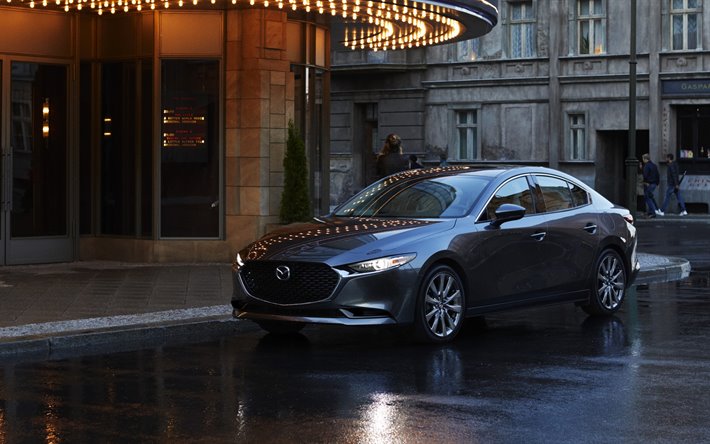 Mazda 3, en 2020, &#224; l&#39;ext&#233;rieur, vue de face, gris berline, paysage de la ville, nouveau gris Mazda 3, japonais voitures, Mazda