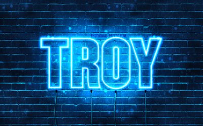 Troy, 4k, pap&#233;is de parede com os nomes de, texto horizontal, Troy nome, luzes de neon azuis, imagem com Troy nome
