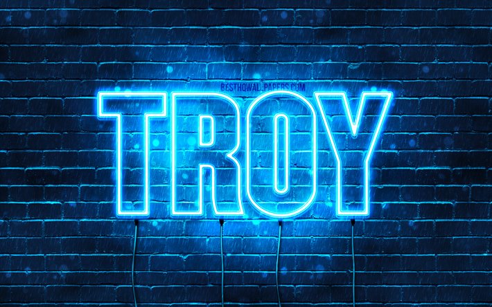 Troy, 4k, les papiers peints avec les noms, le texte horizontal, Troy nom, bleu n&#233;on, une photo avec le nom de Troy