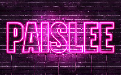 Paislee, 4k, wallpapers with names, female names, Paislee name, purple neon lights, horizontal text, picture with Paislee name