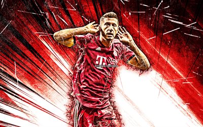 Robert Lewandowski, Bayern M&#252;nih FC, grunge sanat, Polonyalı futbolcular, futbol, striker, Lewandowski, Bundesliga, kırmızı soyut ışınları, Almanya