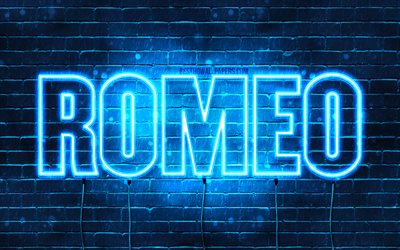 Romeo, 4k, taustakuvia nimet, vaakasuuntainen teksti, Romeo nimi, blue neon valot, kuva Romeo nimi