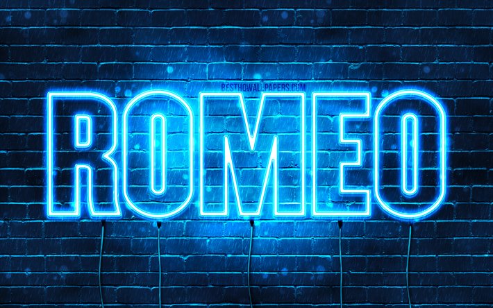 Romeo, 4k, isimler Romeo adıyla, yatay metin, Romeo adı, mavi neon ışıkları, resimli duvar kağıtları