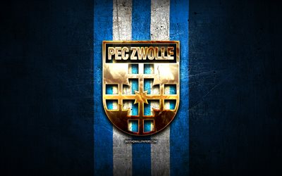 FC Zwolle, golden logotyp, Eredivisie, bl&#229; metall bakgrund, fotboll, PEC Zwolle, Holl&#228;ndsk fotboll club, PEC Zwolle logotyp, Nederl&#228;nderna