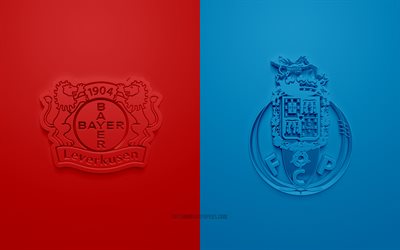 Bayer 04 Leverkusen vs FC Porto, UEFA Avrupa Ligi, 3D logoları, promosyon malzemeleri, kırmızı-mavi arka plan, Avrupa Ligi, futbol ma&#231;ı, Bayer 04 Leverkusen, FC Porto