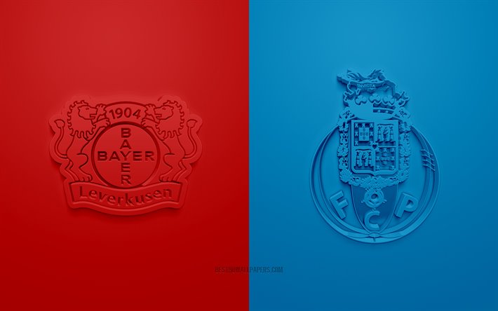 Bayer 04 Leverkusen vs FC Porto, UEFA Avrupa Ligi, 3D logoları, promosyon malzemeleri, kırmızı-mavi arka plan, Avrupa Ligi, futbol ma&#231;ı, Bayer 04 Leverkusen, FC Porto