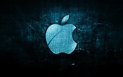 Apple blue logo, blue fabric background, Apple, creative, Apple denim logo, grunge art, Apple logo