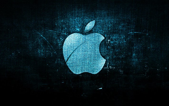 Apple bl&#229; logo, bl&#229; tyg bakgrund, Apple, kreativa, Apple denim logotyp, grunge konst, Apples logotyp