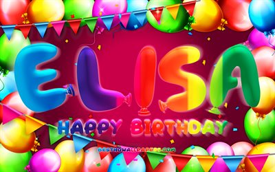 Happy Birthday Elisa, 4k, colorful balloon frame, Elisa name, purple background, Elisa Happy Birthday, Elisa Birthday, popular german female names, Birthday concept, Elisa