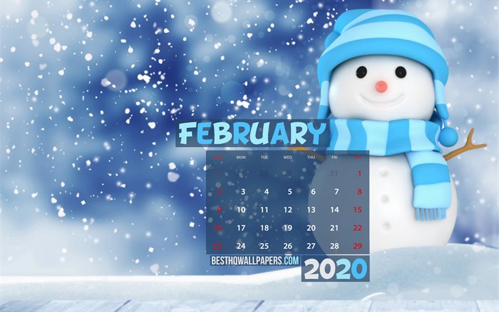 February 2020 Calendar, 4k, snowman, winter, 2020 calendar, February 2020, creative, winter landscape, February 2020 calendar with snowman, Calendar February 2020, blue background, 2020 calendars